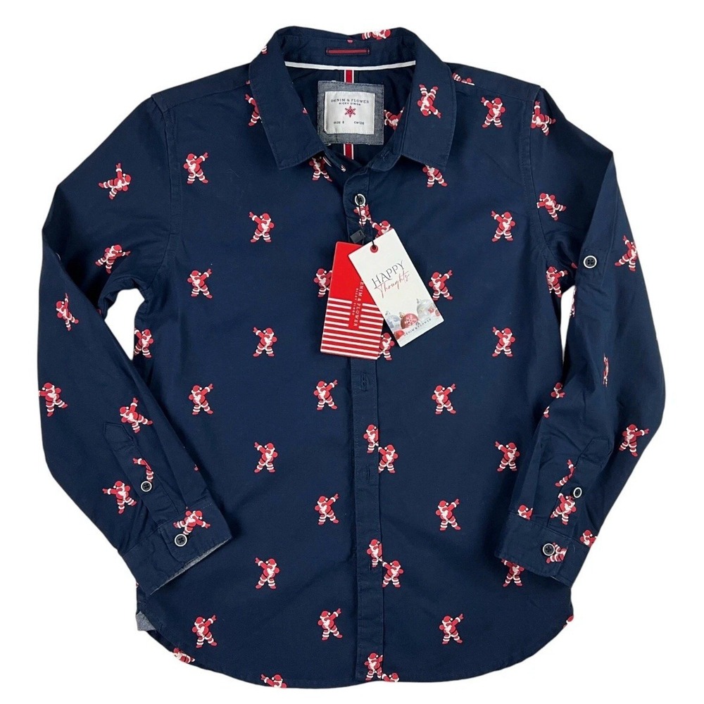 Denim & Flower Ricky Singh Button Shirt Boys Size 9/10 NWT Christmas Santa
